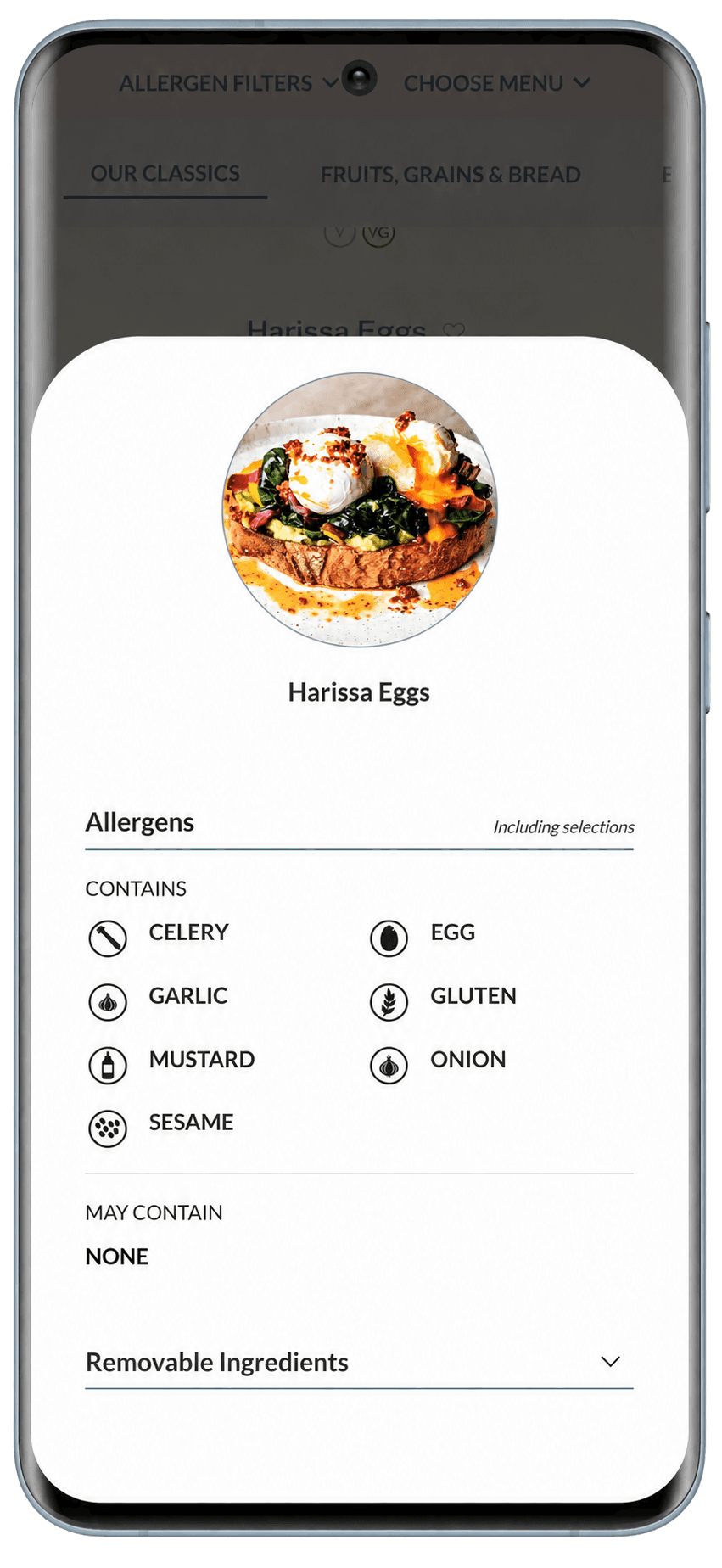 Harlo guest menu showing Harissa Eggs allergen information