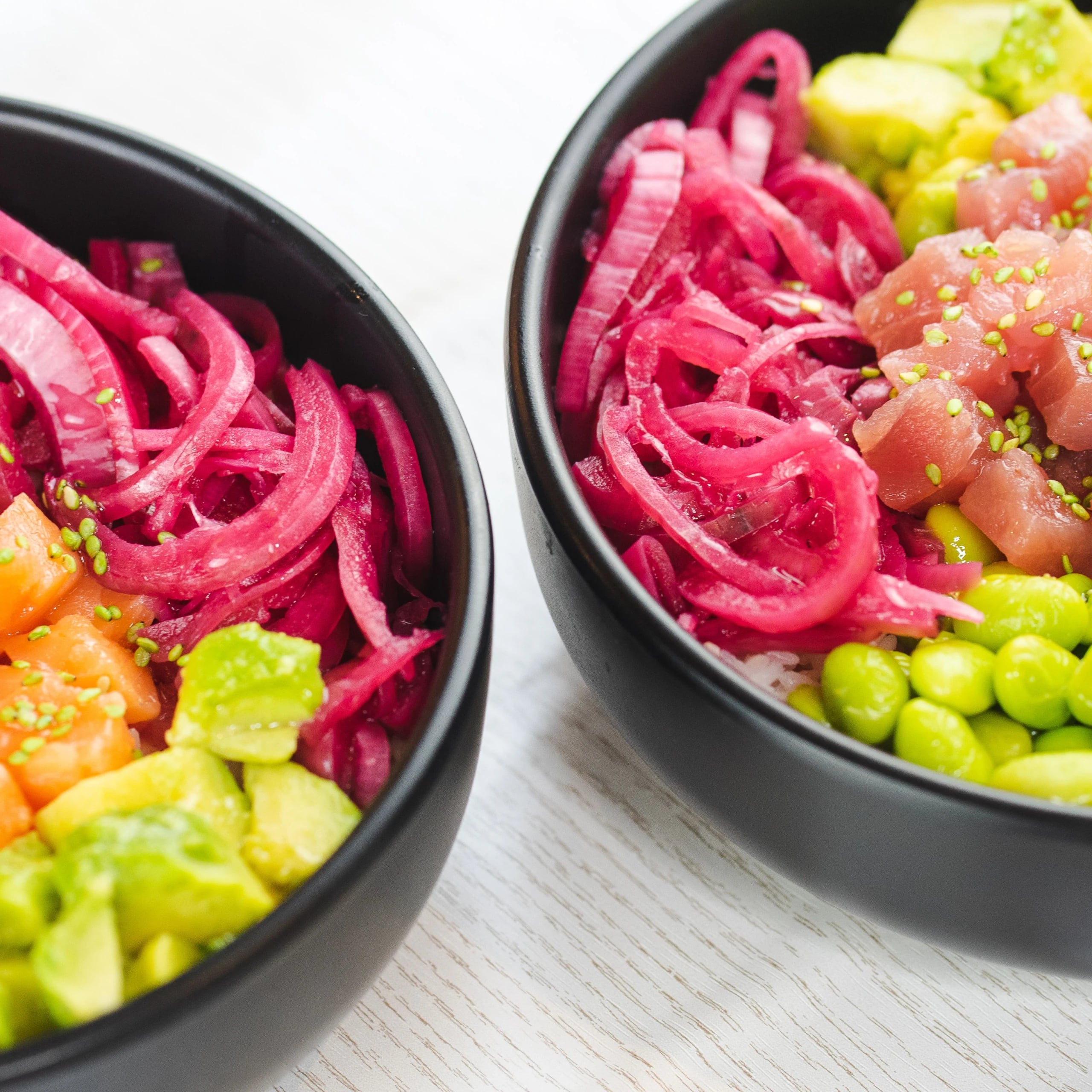 Tuna poke bowl with avocado, edamame and pickled onion