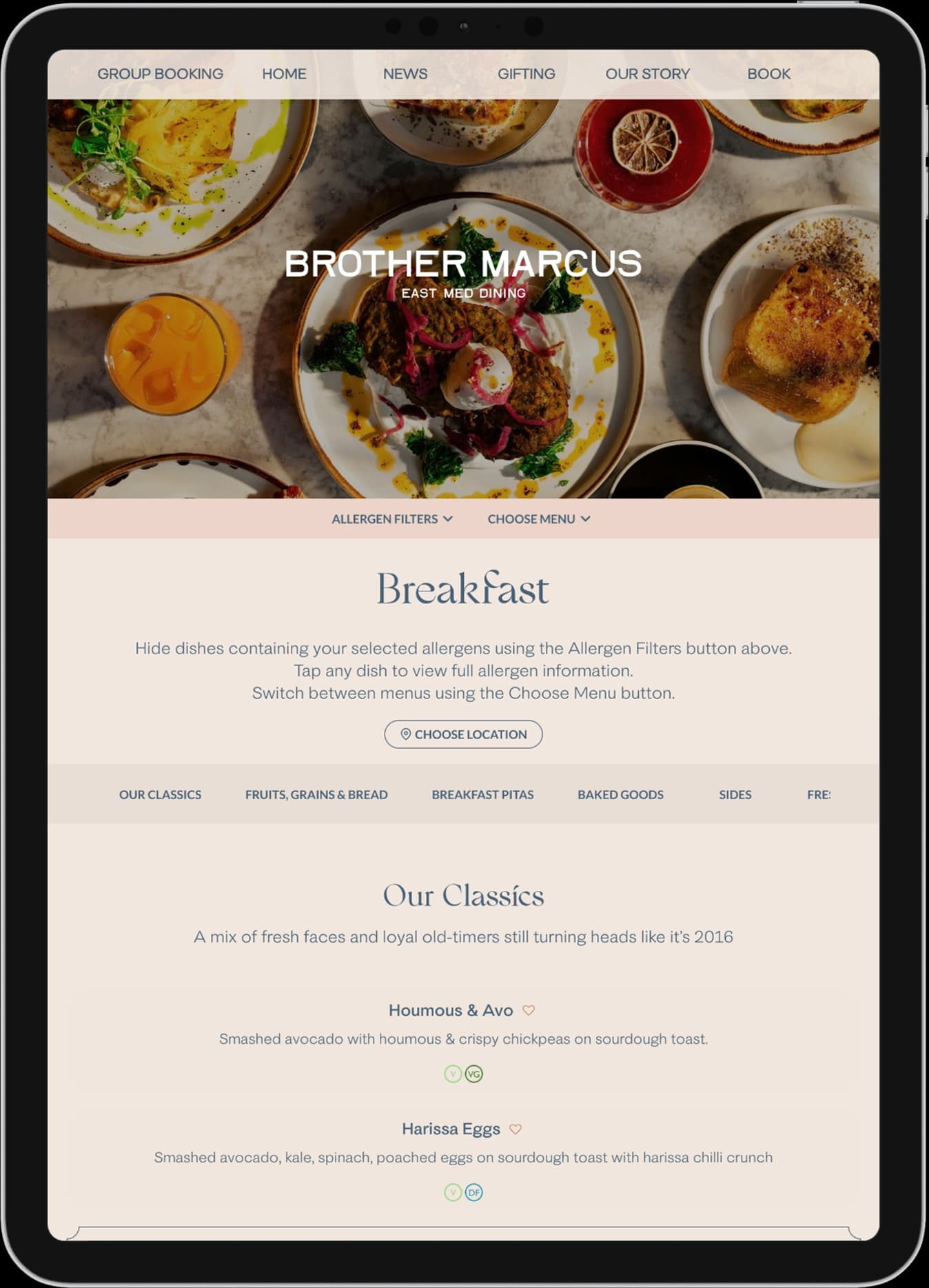 Brother Marcus published menu on a portrait tablet