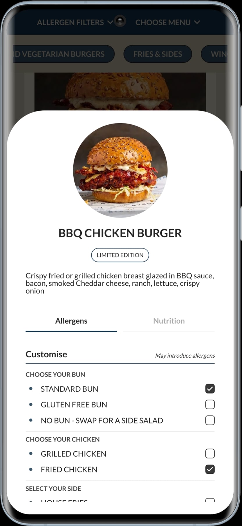 Byron burger detail and allergen information on a phone