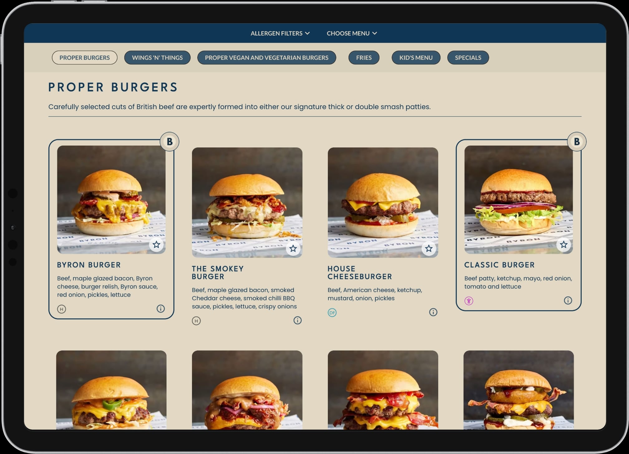 Byron burger menu on a landscape tablet
