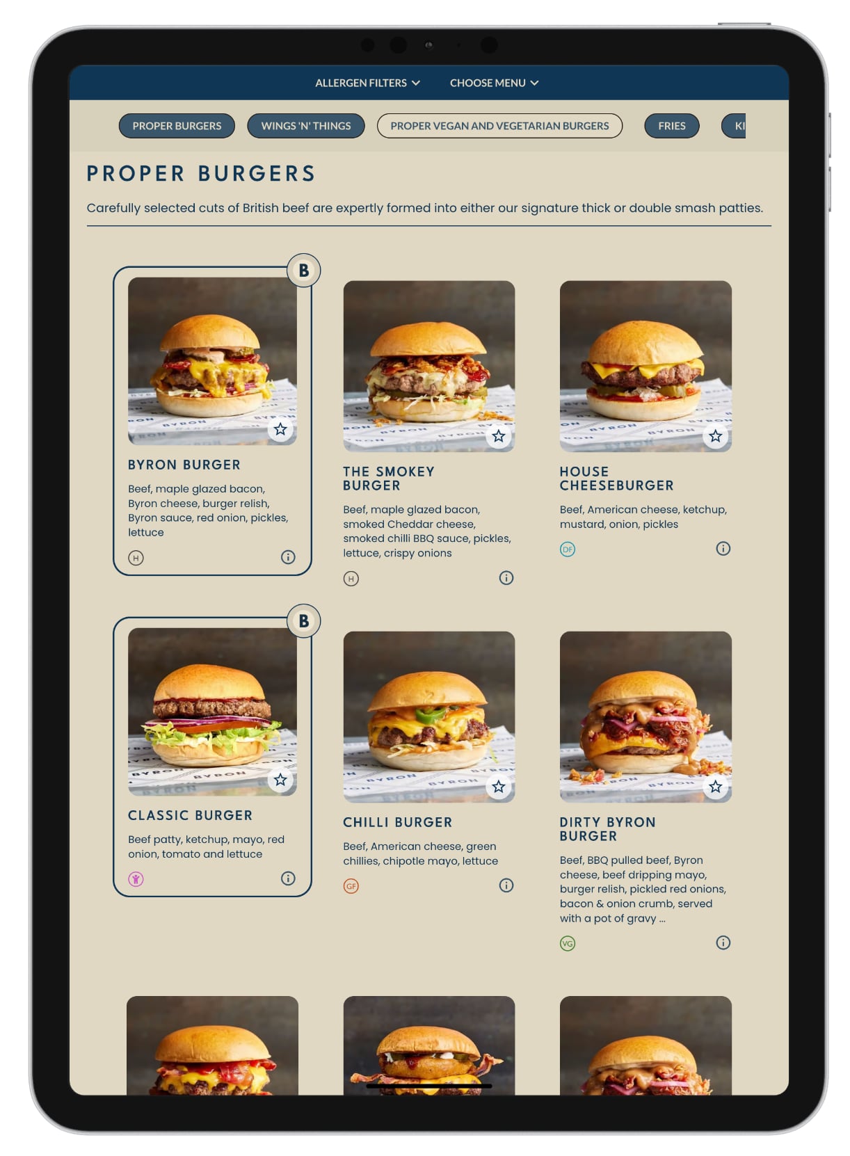 Byron burger menu on a portrait tablet