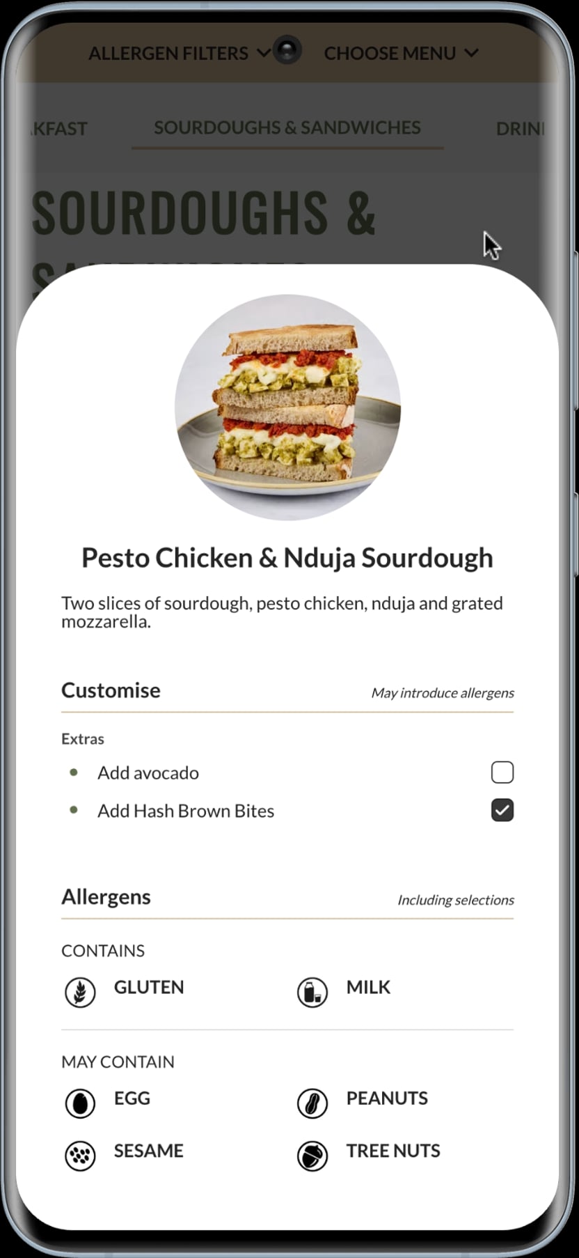 Esquires dish detail and allergen information on a phone