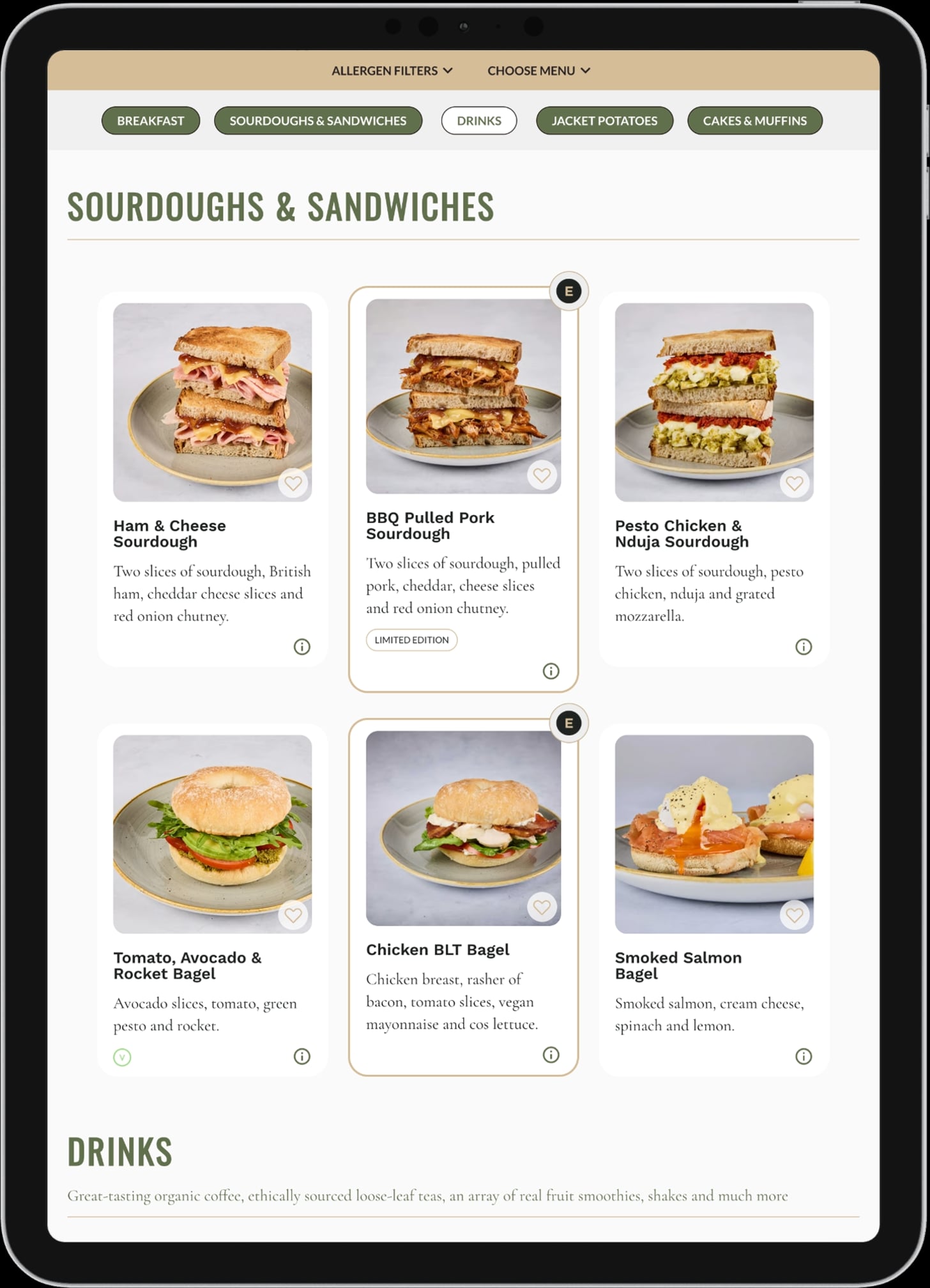 Esquires sandwich menu grid on an iPad