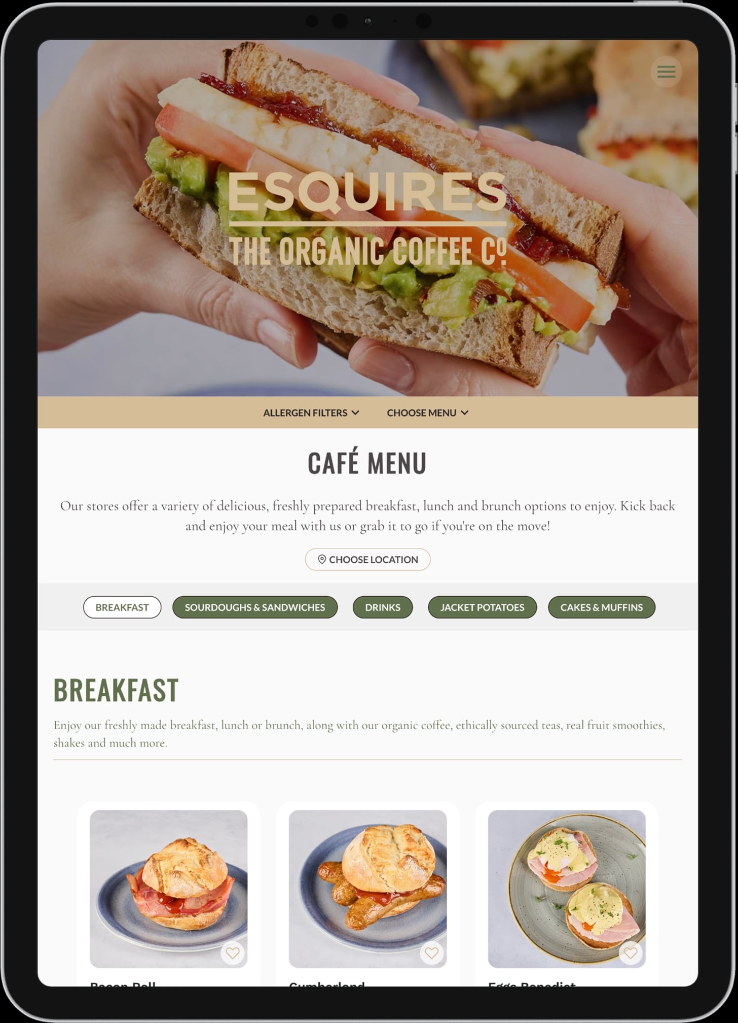 Esquires café menu homepage on an iPad
